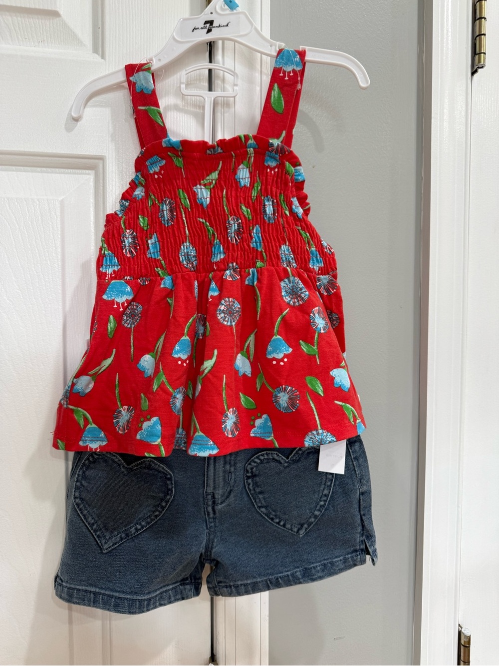 7 For All Mankind Red Floral Smocked Tank with Denim Heart Shorts